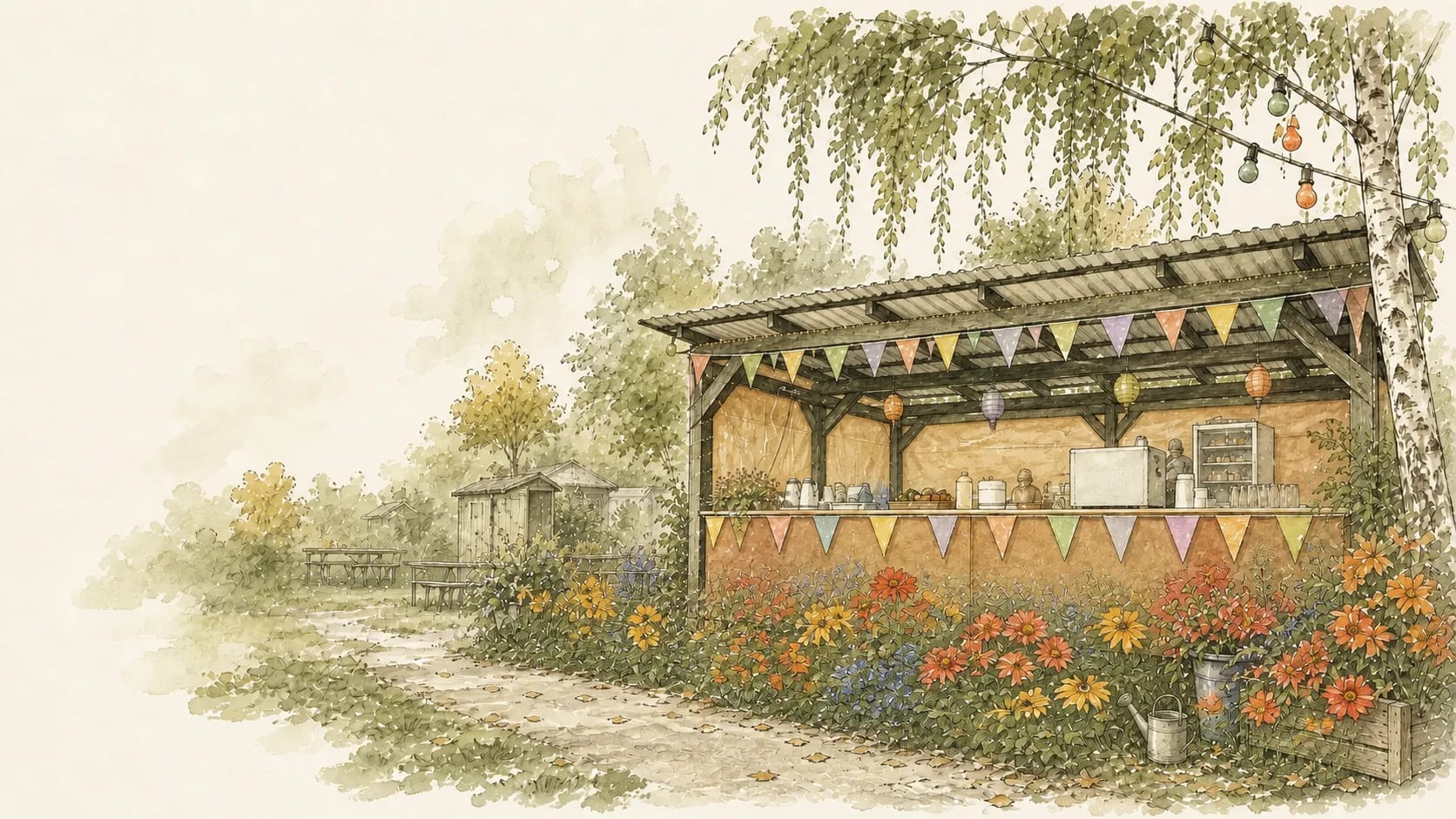 Geschmückter Festplatz mit Bühne und Sitzbänken