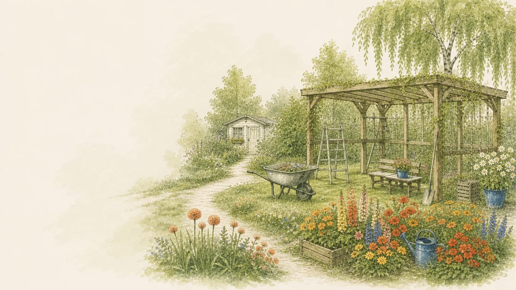 Gartenweg zwischen gepflegten Beeten und Lauben