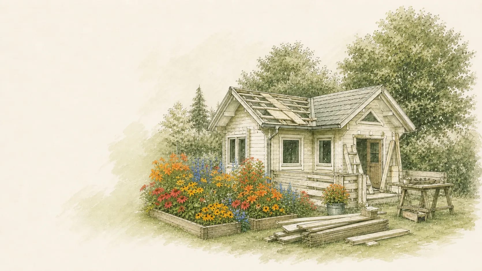 Kleine gelbe Gartenlaube mit Veranda und Gartenweg