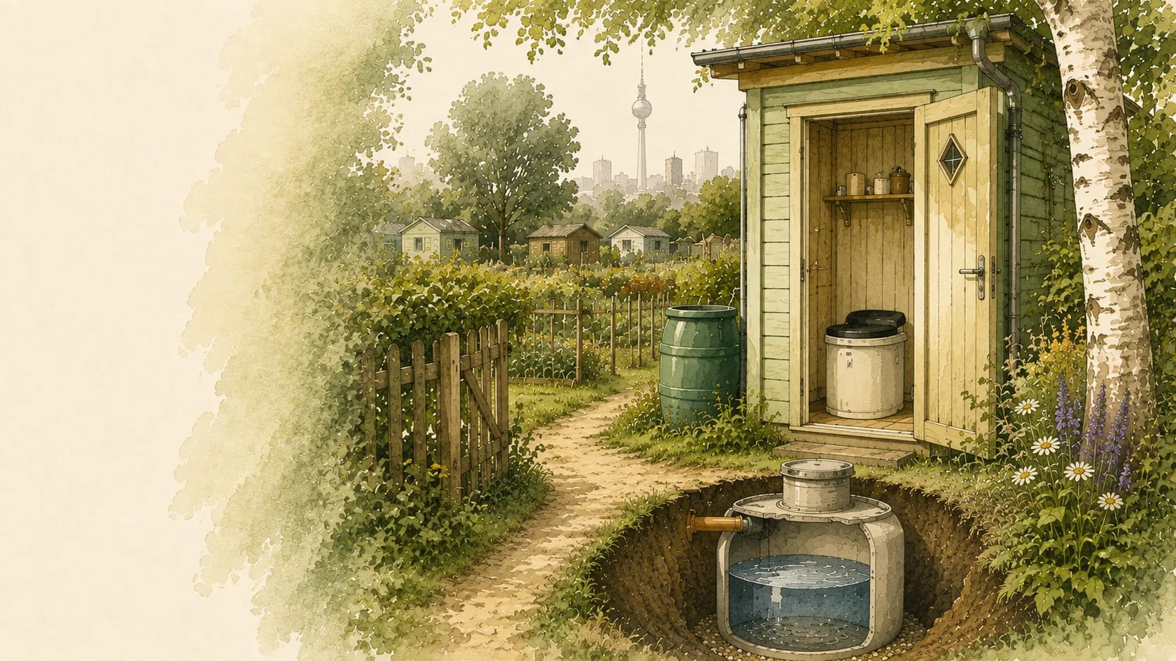 Aquarellillustration einer geöffneten Abwasseranlage neben einem Gartenhaus in einer Berliner Kleingartenkolonie, mit mehr Freiraum links, im Hintergrund der Fernsehturm