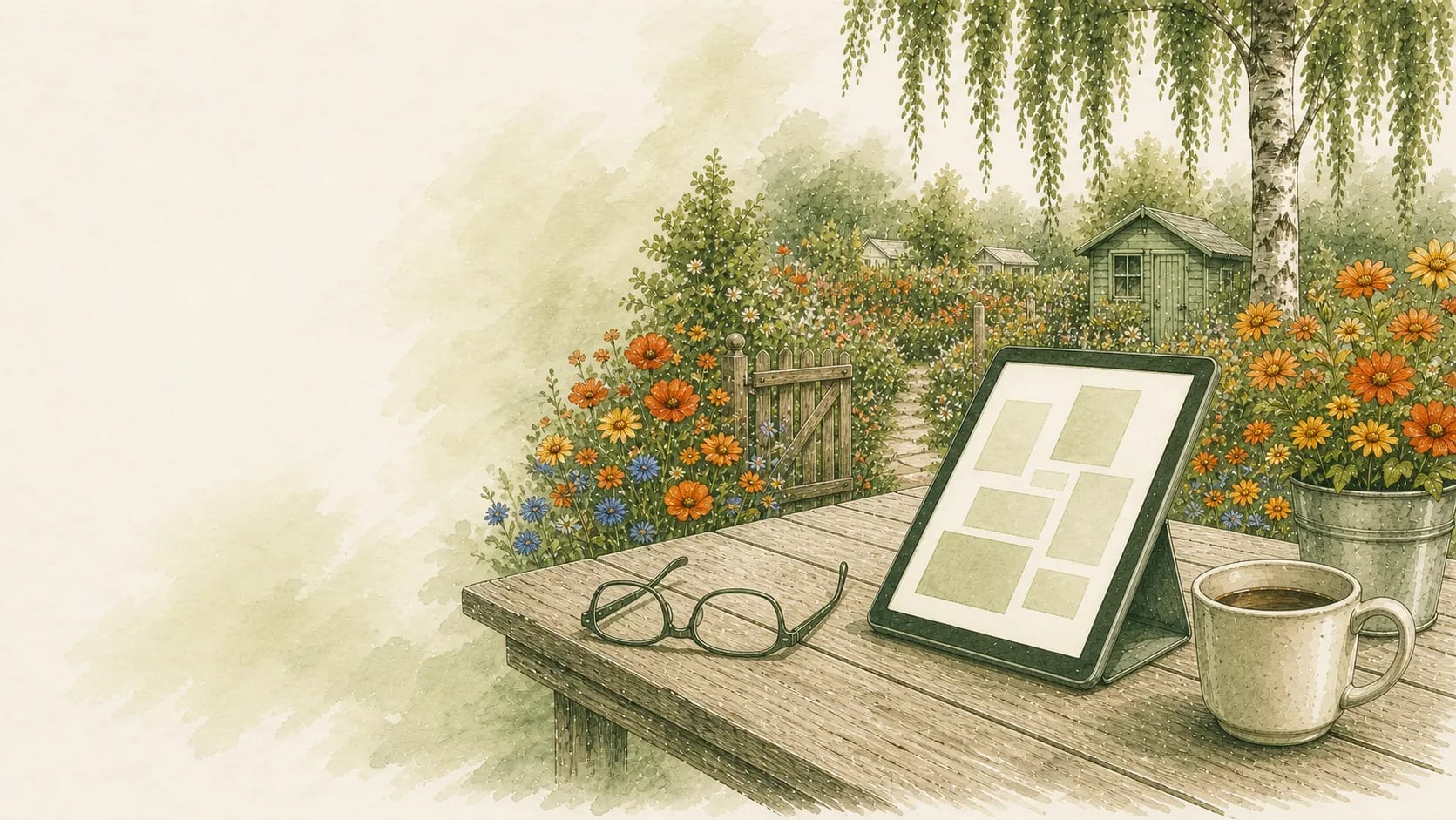 Tablet mit digitaler Zeitung, Lesebrille und Tasse im Garten