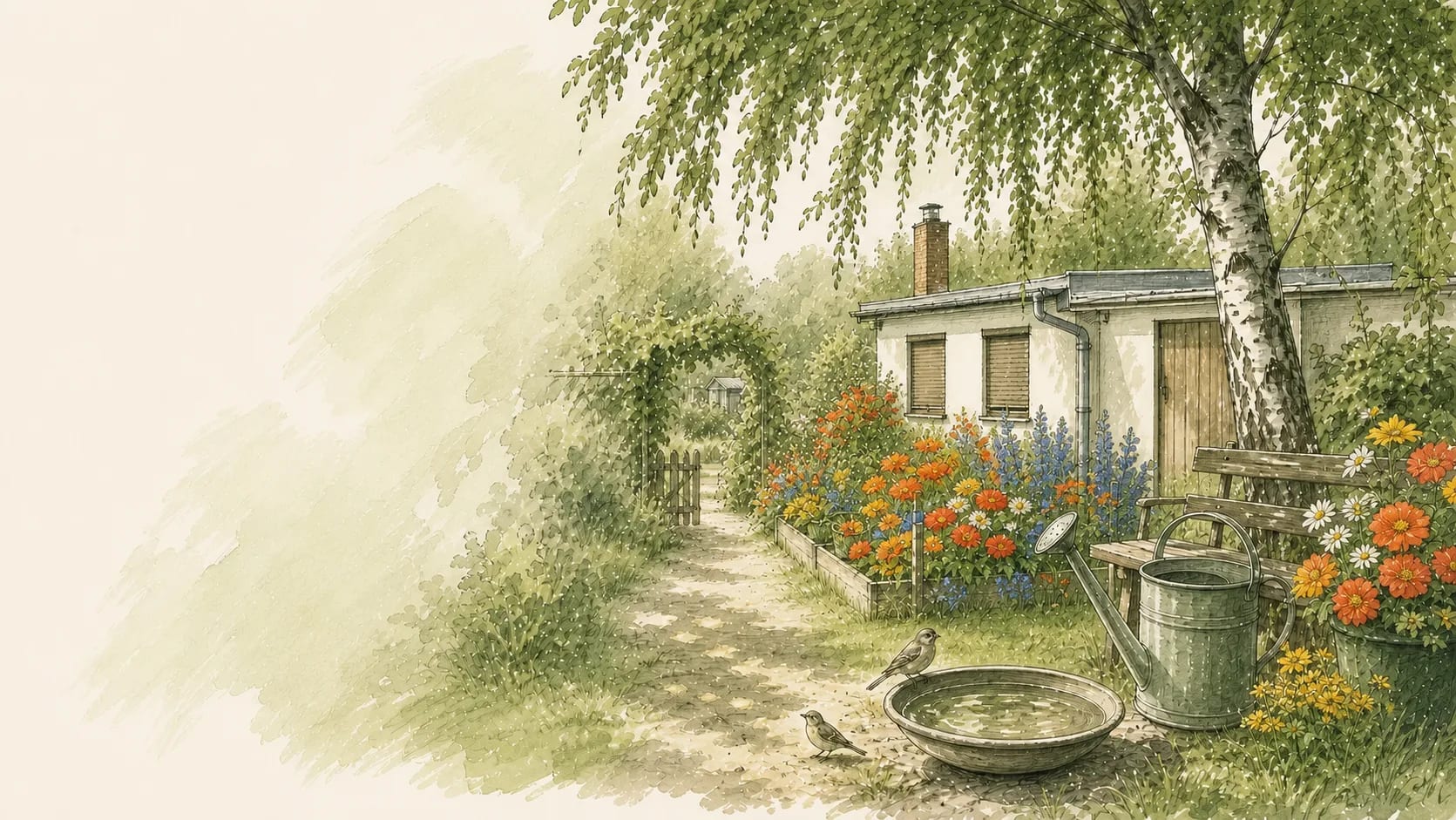 Bewachsene Gartenlaube an einem schattigen Weg