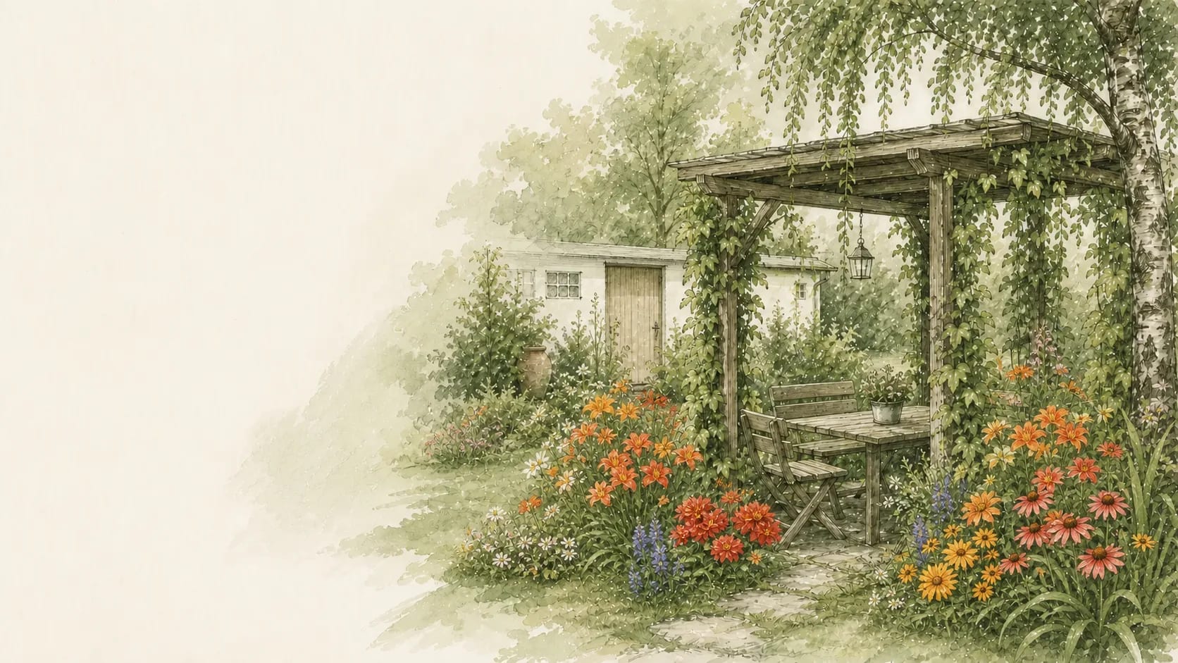 Gartenlaube mit bepflanztem, überdachtem Freisitz