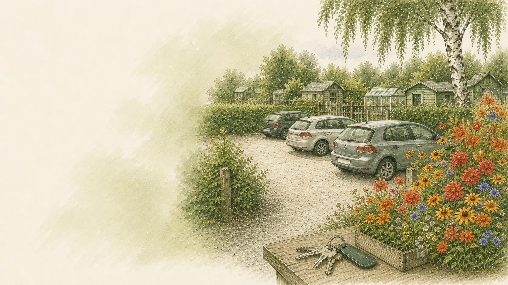 Parkplatz mit mehreren Autos neben der Kleingartenanlage