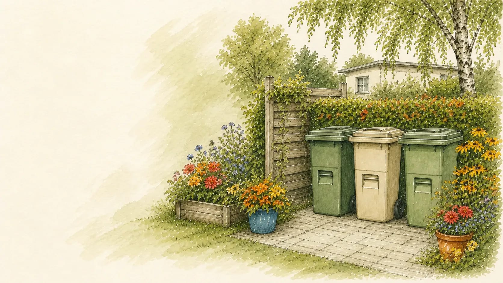 Drei Mülltonnen an einem Gartenweg
