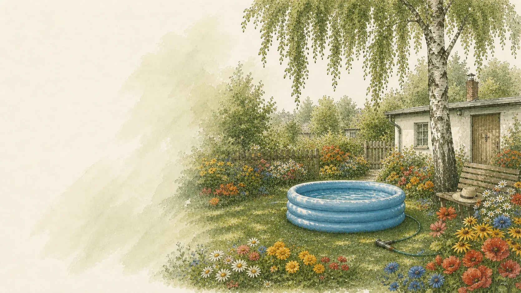 Blauer Aufstellpool vor einer Gartenlaube