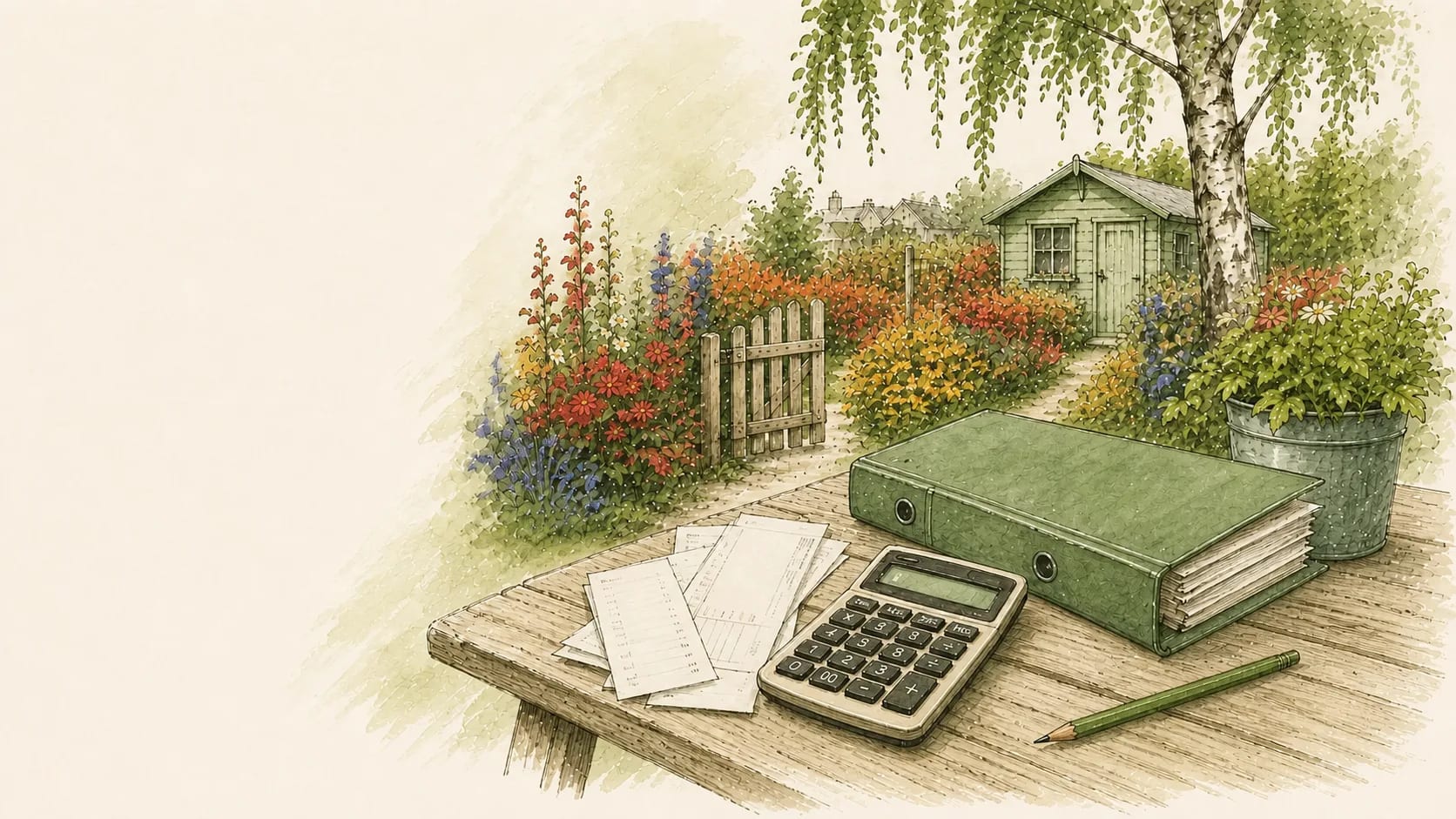 Taschenrechner, Belege und Ordner auf einem Gartentisch