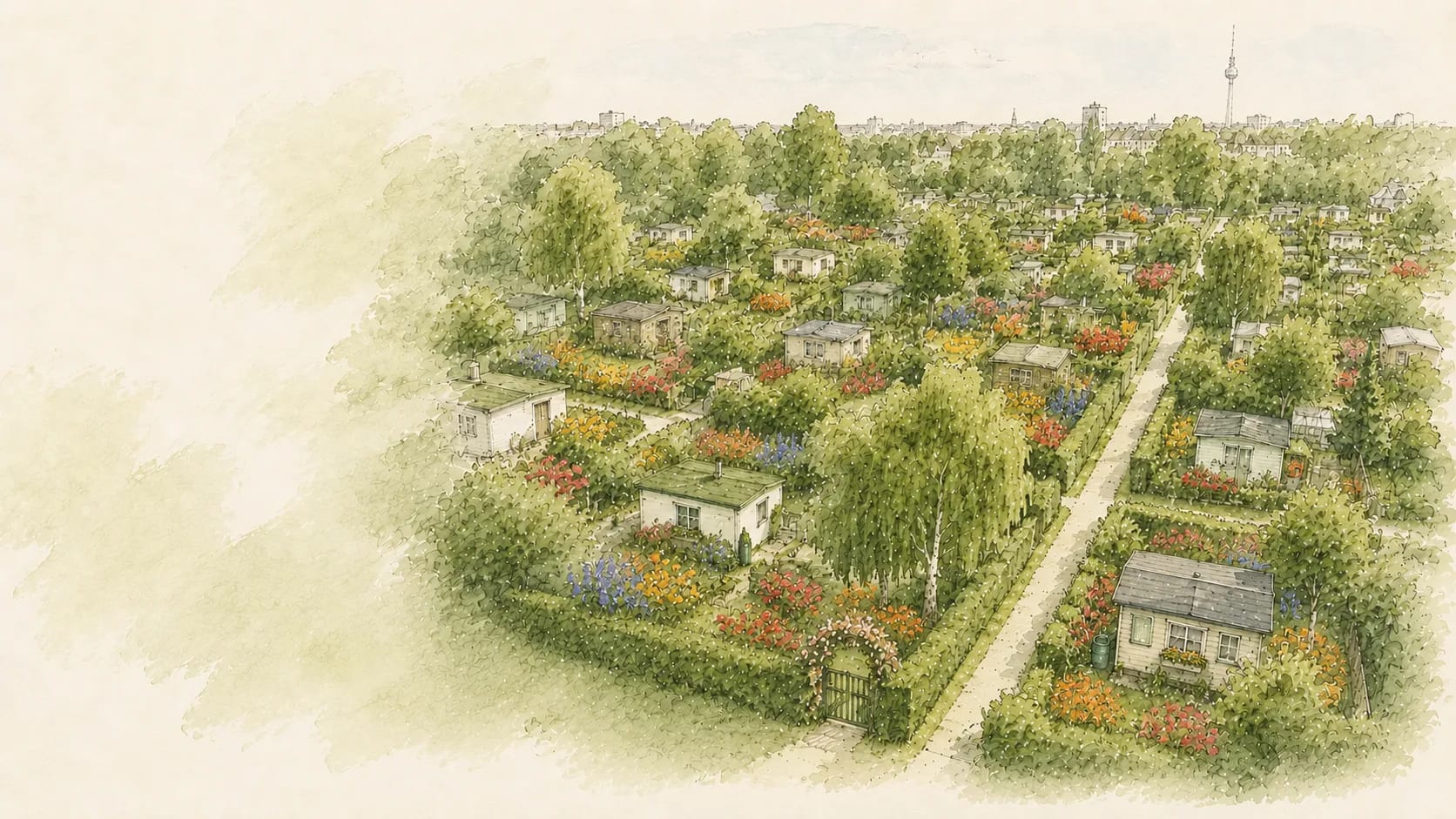 Aquarellansicht der Kleingartenkolonie Ewige Heimat mit Gartenlauben und begrünten Parzellen