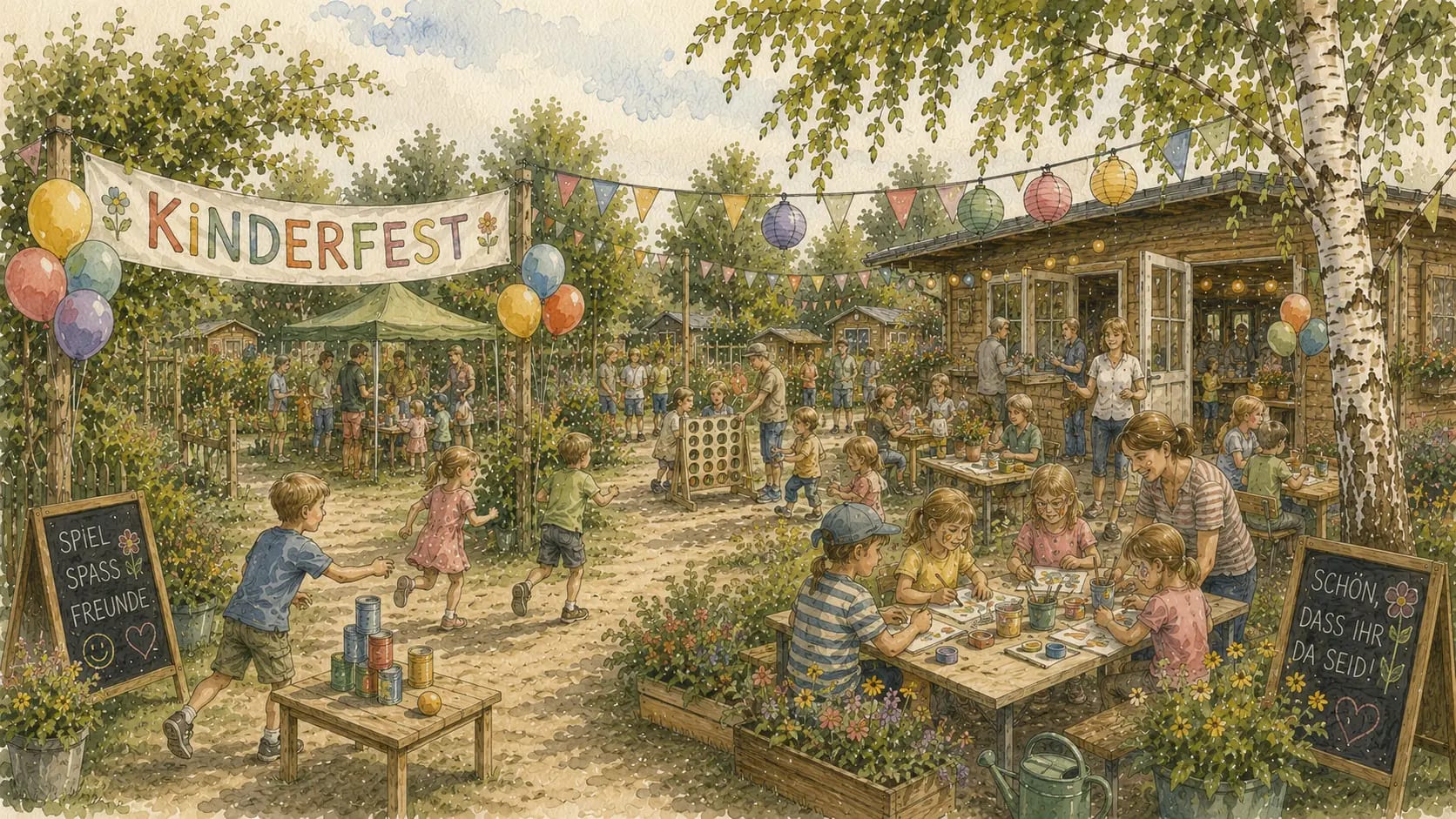 Aquarell: Kinderfest der KGA Ewige Heimat mit spielenden Kindern, Wimpelketten und Luftballons