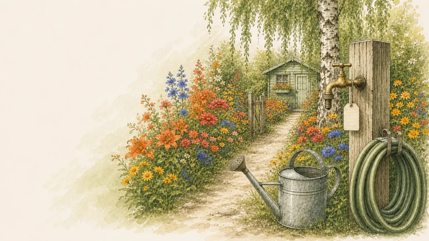 Wasserhahn mit Gartenschlauch, Gießkanne und Eimer