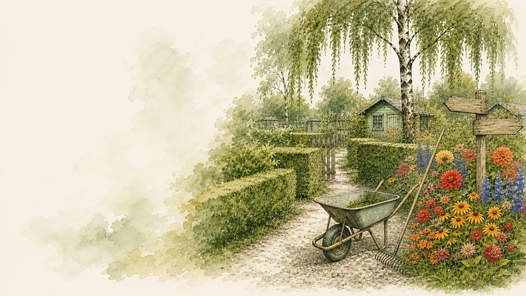 Geschwungener Gartenweg mit kleiner Holzbrücke zwischen Beeten