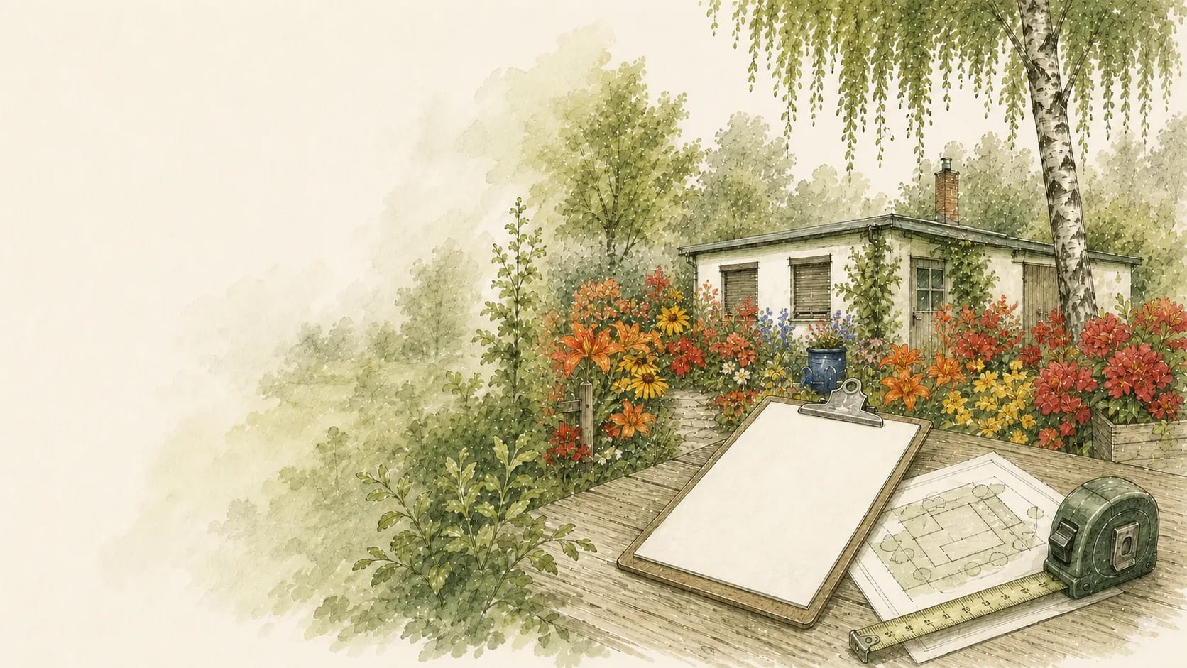 Bauunterlagen, Maßband und Kamera vor einer Gartenlaube
