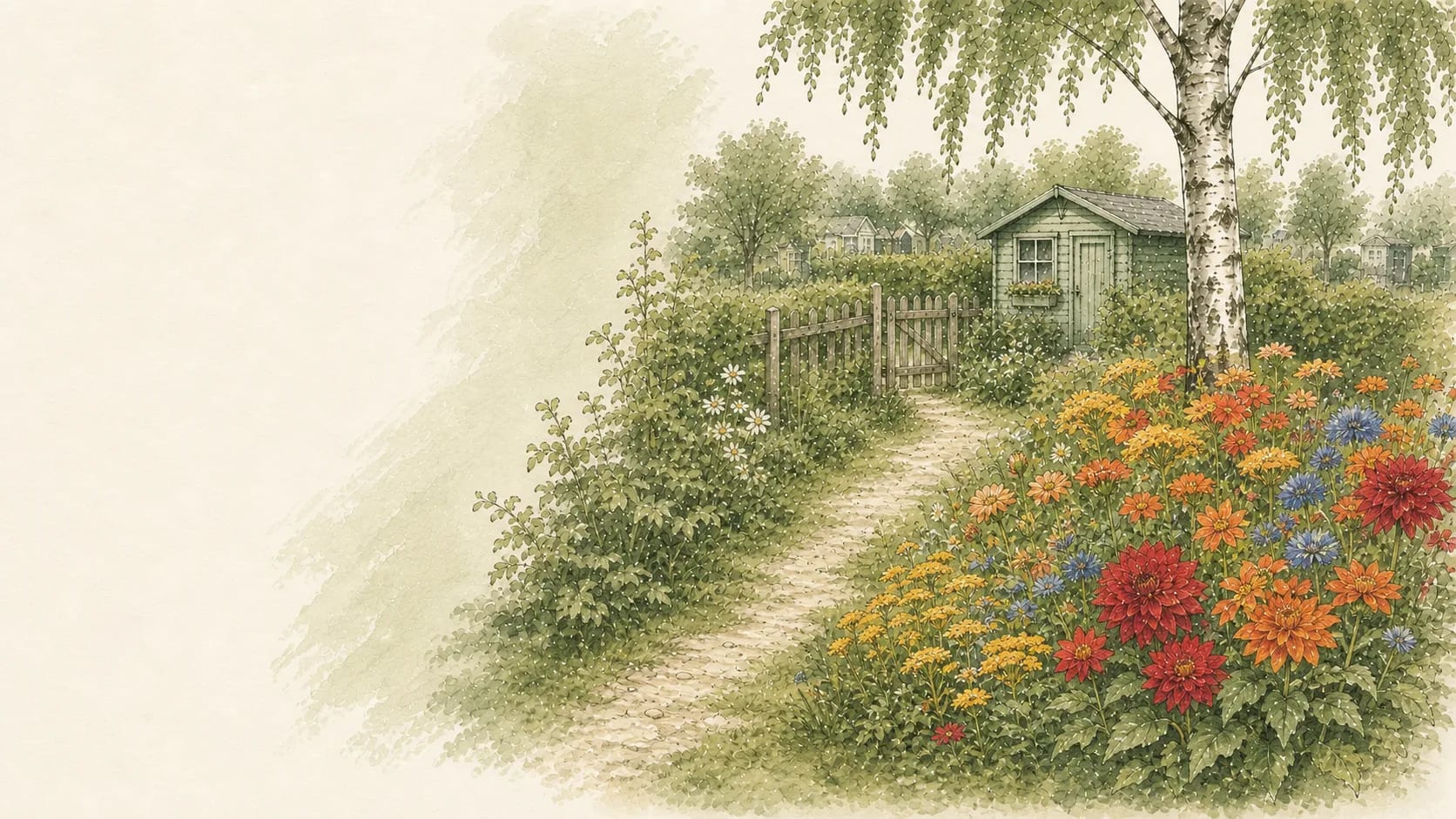 Sich verzweigender Weg zwischen Beeten und Gartenlauben