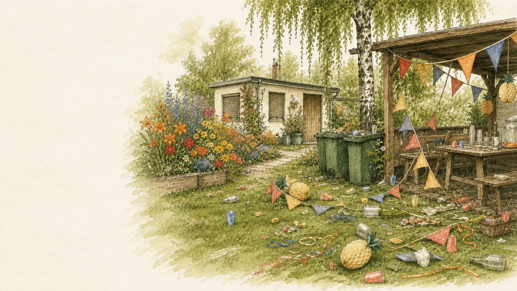 Überfüllter und beschädigter Freisitz vor einer Gartenlaube