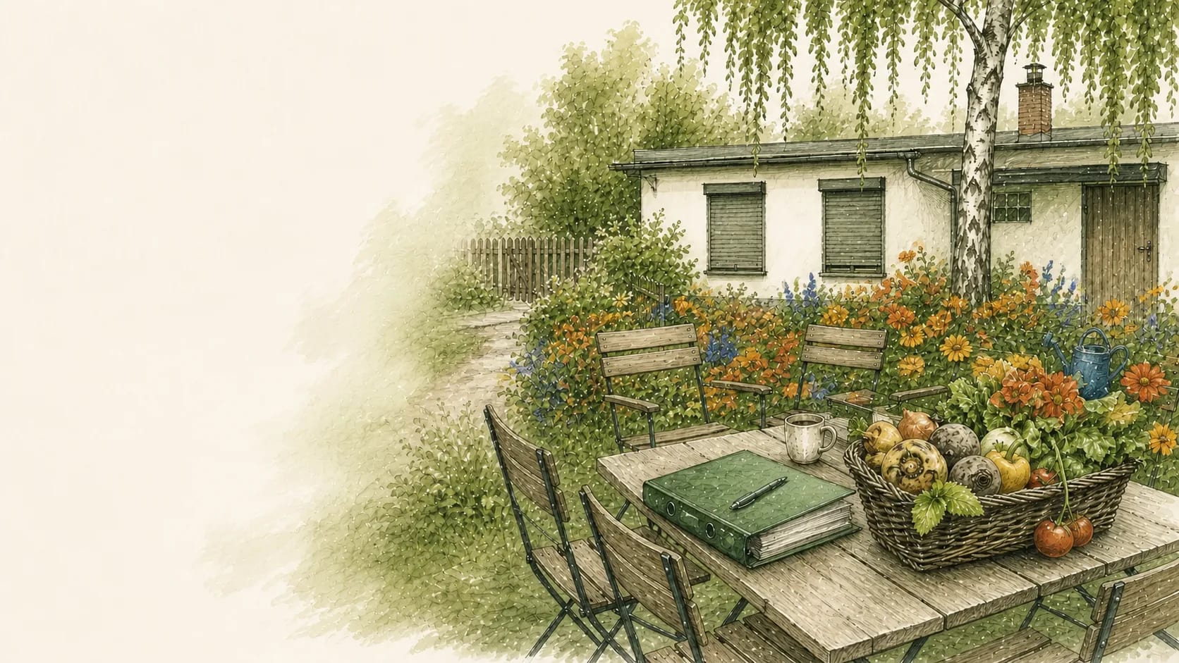 Geerntetes Gemüse in Kisten neben einem Gartentisch