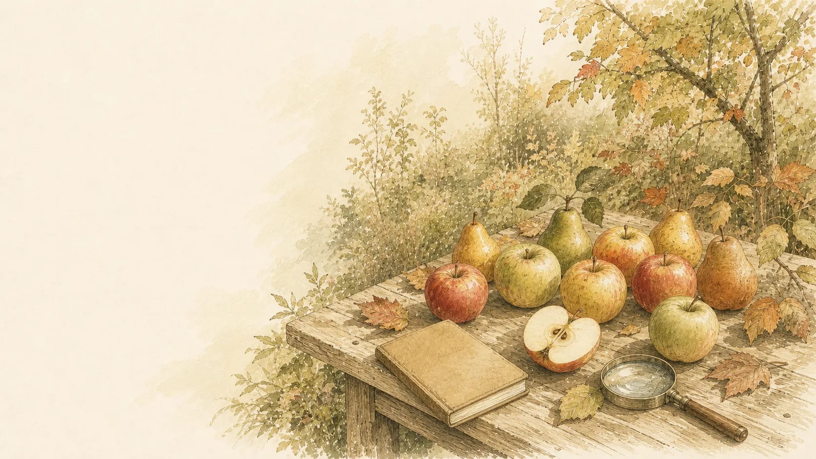 Aquarellillustration eines herbstlichen Bestimmungstisches im Waldgarten: Äpfel und Birnen, ein aufgeschnittener Apfel, Lupe und Notizbuch auf einem Holztisch