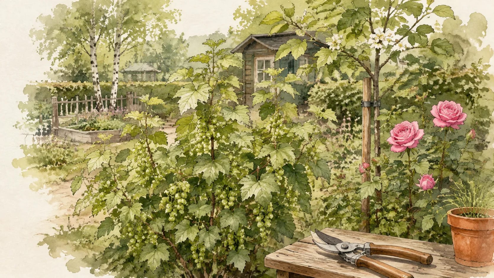 Aquarell mit Johannisbeerstrauch, jungem Apfelbaum, rosa Rosen und Gartenschere.