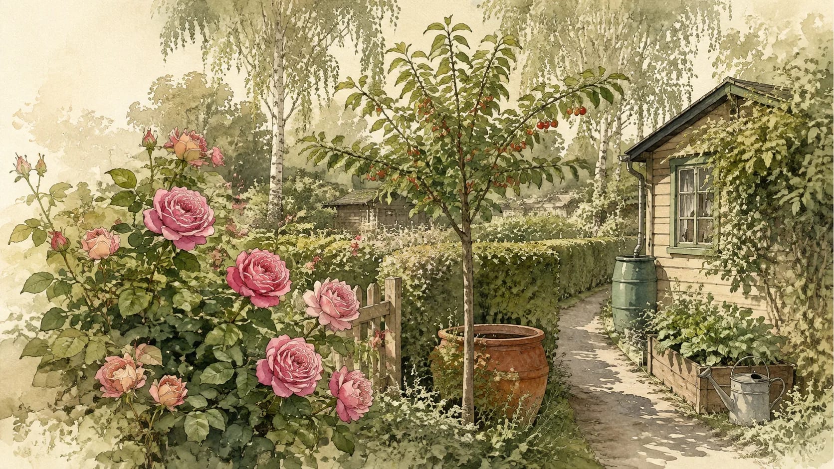 Aquarell mit Rosen, Kirschbaum, Gartenlaube und Gießkanne.
