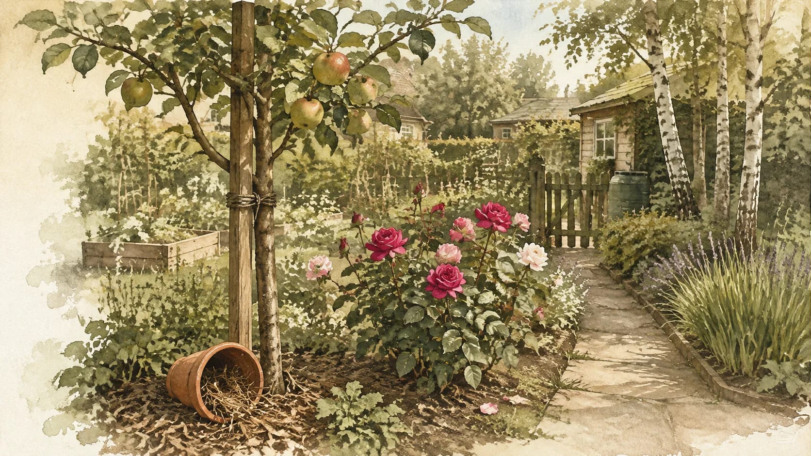 Aquarell eines Apfelbaums mit Tontopf und Rosen im Kleingarten.