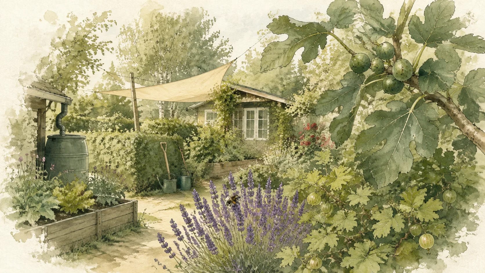 Aquarell mit Feige, Stachelbeeren, blühendem Salbei und Sonnensegel.
