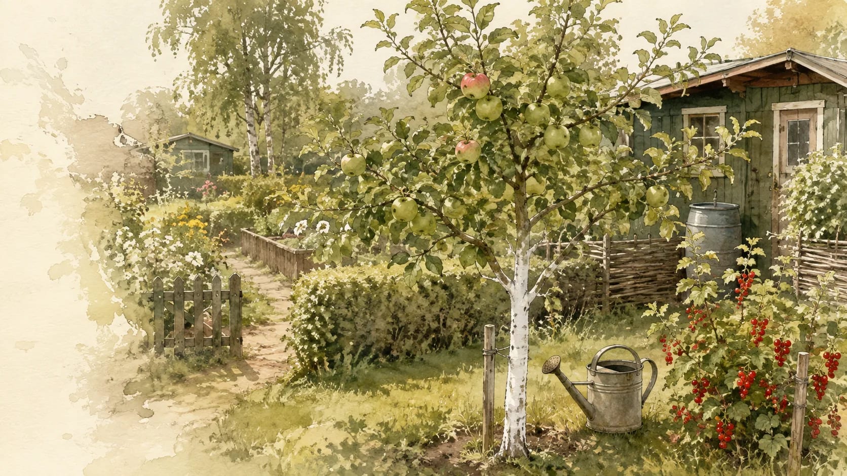 Aquarell eines Obstbaums mit weißem Stammanstrich, Johannisbeeren und Gießkanne.