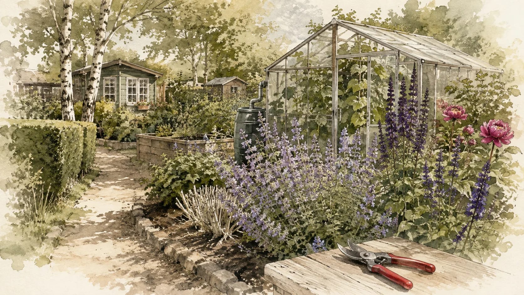 Aquarell mit Gewächshaus, blühenden Stauden und Gartenschere.
