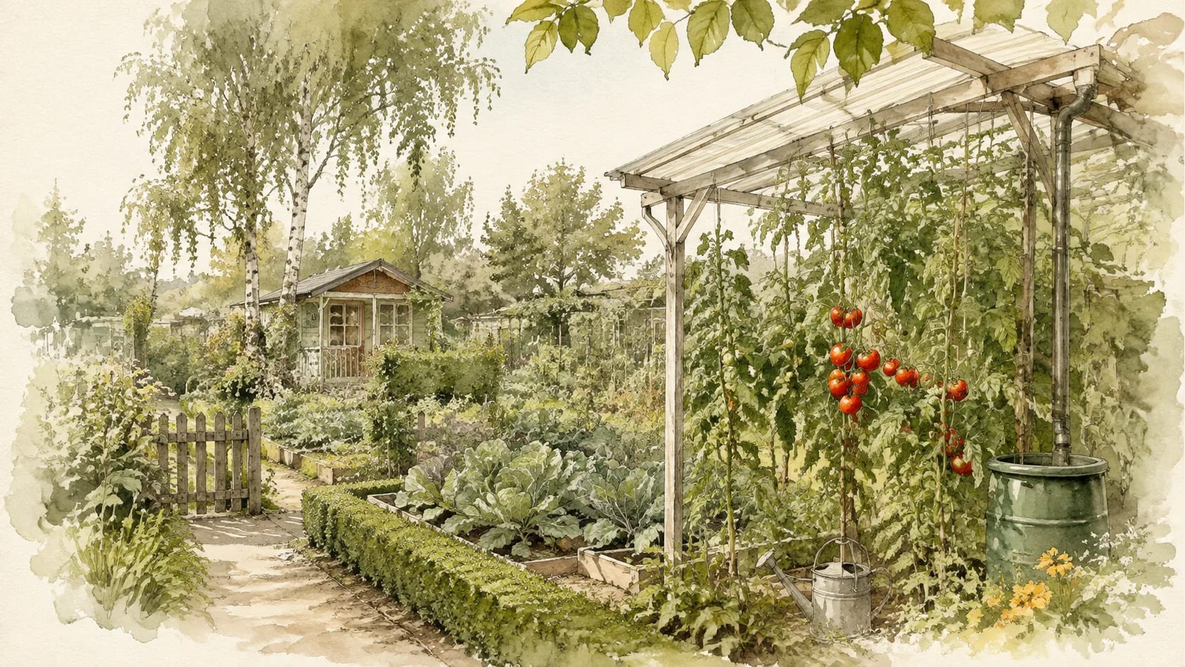 Aquarell mit Tomaten unter einem Regendach, Kohlbeet und Gartenlaube.