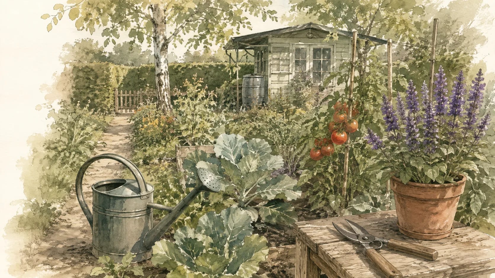 Aquarell eines Kleingartens mit Kohl, Tomaten, Salbei, Gießkanne und Gartenschere.