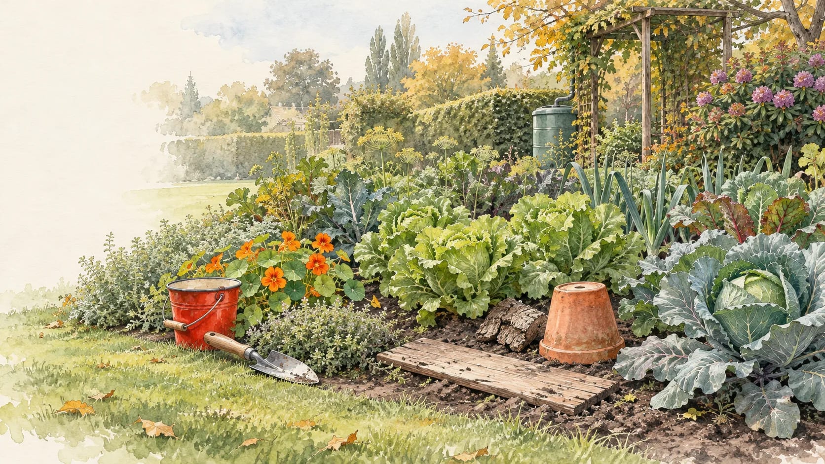 Aquarell eines Gemüsebeets mit Kohl und Salat, einem Holzbrett, Rinde und umgedrehtem Tontopf, daneben roter Eimer und Kapuzinerkresse.
