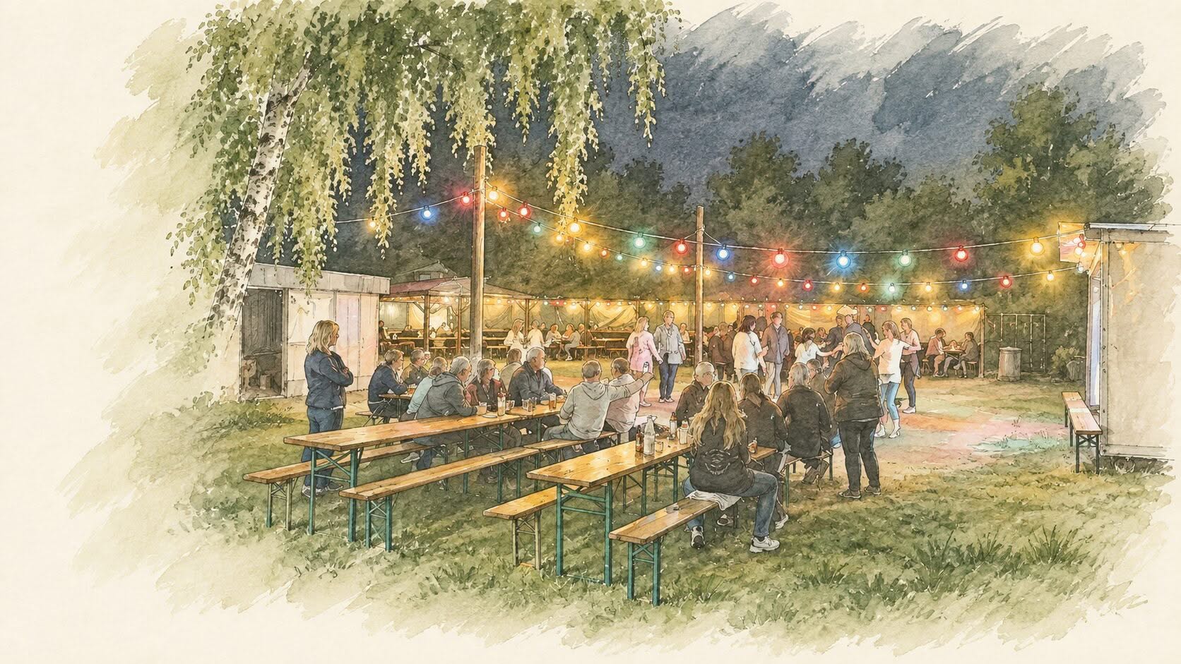 Gäste auf dem beleuchteten Festplatz beim Kinder- und Sommerfest 2026