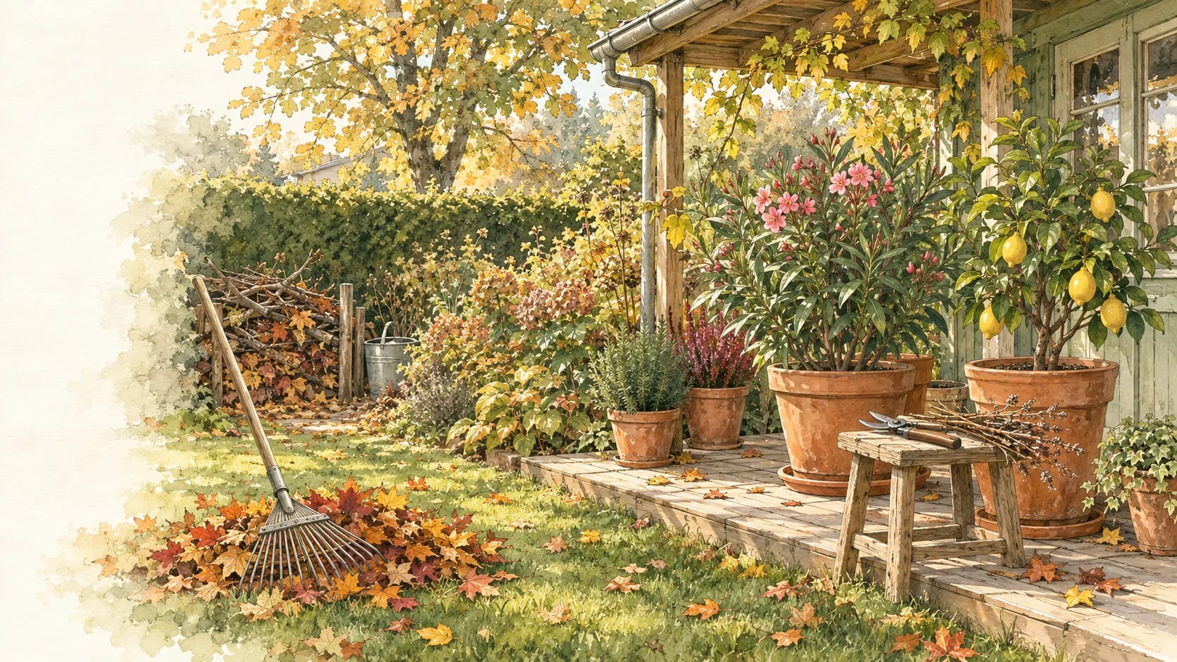 Aquarell einer Terrasse vor einer Gartenlaube mit Oleander und Zitronenbäumchen in Terrakottakübeln, davor Rasen mit Laubrechen und Laubhaufen.